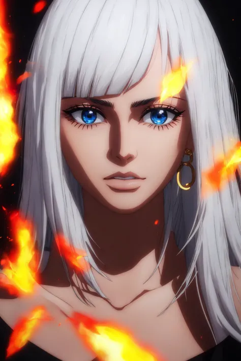 1girl, wanostyle, (anime screencap), white_hair, fire, a girl with white hair and blue eyes wearing a white dress and black wings in front of a dark background with fire behind her, bare_shoulders, closed_mouth, dark-skinned_female, ((dark_skin)), hoop_earrings, long_hair, looking_at_viewer, purple_eyes, star_eyes, solo, upper_body, white_hair, (((masterpiece))), ((best quality)), (extremely detailed), watercolor, illustration, depth of field, sketch, dark intense shadows, sharp focus, soft lighting, hdr, colorful, good composition