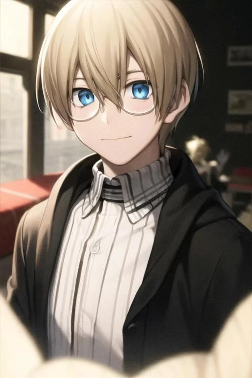 masterpiece, best quality, high quality, 1boy, solo, male focus, looking at viewer, upper body, <lora:william_macbeth:0.78>, william_macbeth, blonde hair, glasses, blue eyes, , pajamas