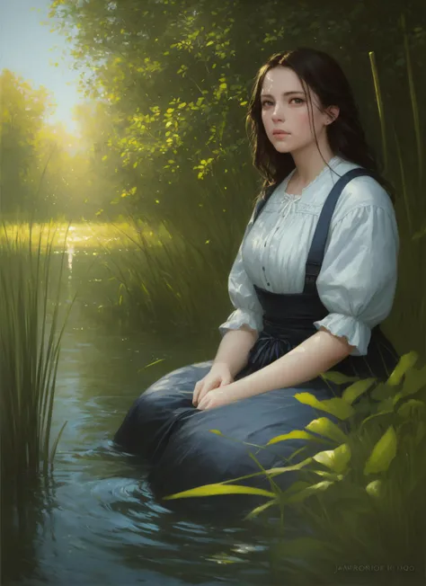 close up portrait of a cute woman bathing in a river, reeds, (backlighting), realistic, masterpiece, highest quality, lens flare, shade, bloom, [[chromatic aberration]], by Jeremy Lipking, by Antonio J. Manzanedo, digital painting