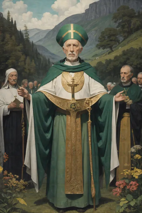 masterpiece,best quality,8K,HDR,highres,(absurdres:1.2),painting,mesmerizing depiction of Saint Patrick,the beloved patron saint of Ireland,presence as he stands amidst the rolling green hills of Ireland,wearing a archbishop's hat,cloaked in the hues of emerald,compassionate eyes,preaching,Surround him with the shamrock,crosier in his hand,Envelop the scene in an aura of tranquility,as if nature itself pauses to pay homage to this revered figure,a sense of reverence and celebration,magic and mystique of Ireland's patron saint,artist Pablo Picasso,painting by Pablo Picasso,