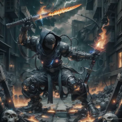 (Best Quality), HD wallpaper 4k, a man in a ninja suit holding a flaming sword, robotic arm, glowing wire connections, bloody, skulls, nature's call, masterpiece, extremely detailed, studio lighting, octane render, storm.inferno.chaos, Cybernetics, Algorithmic, Hyperdetailed, Beautiful, Marvelous, highly detailed, Stylized, <lora:NijiExpressV2:0.5> , <lora:urbansamuraiv0.14:0.5>, <lora:kVoidEnergy:0.3>, <lora:add_detail:1>
