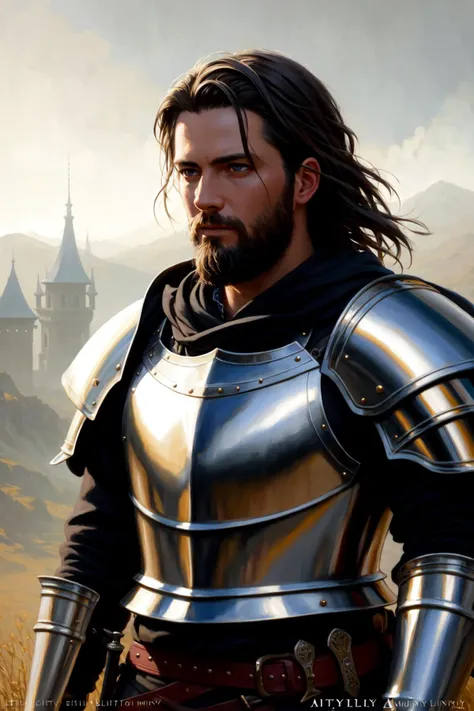 modelshoot style, (extremely detailed CG unity 8k wallpaper), full shot body photo of the best artwork in the world, medieval armor, male knight holding a sword, beard, oath, professional majestic oil painting by Ed Blinkey, Atey Ghailan, Studio Ghibli, by Jeremy Mann, Greg Manchess, Antonio Moro, trending on ArtStation, trending on CGSociety, Intricate, High Detail, Sharp focus, dramatic, photorealistic painting art by midjourney and greg rutkowski, oil painting