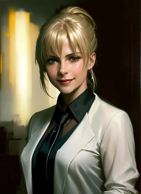 saber, fate/zero, black jacket, black pants, black necktie, black sleeves, blonde hair, ponytail, collared shirt, green eyes, full shot body photo of beautiful woman, medium breast, sexually suggestive, (seductive smiling:1.3), red lipstick, (sexy:1.3), night city, professional majestic oil painting by Ed Blinkey, Mikhail Vrubel, Atey Ghailan, Jeremy Mann, Greg Manchess, (WLOP:1.2), Charlie Bowater, trending on ArtStation, trending on CGSociety, Intricate, High Detail, Sharp focus, dramatic, photorealistic