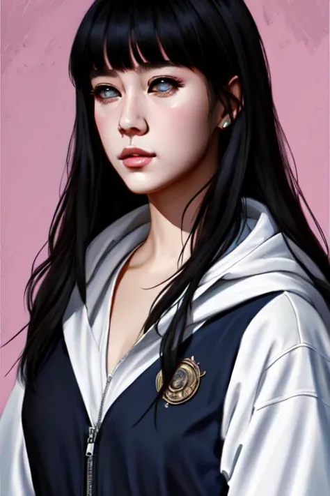 hinata, hyuuga_hinata, close up, modelshoot style, ((nixeu)), (extremely detailed CG unity 8k wallpaper), full shot body photo of the most beautiful artwork in the world, bangs, empty_eyes, black_hair, professional majestic oil painting by Ed Blinkey, Atey Ghailan, Studio Ghibli, by Jeremy Mann, Greg Manchess, Antonio Moro, trending on ArtStation, trending on CGSociety, Intricate, High Detail, Sharp focus, dramatic, photorealistic painting art by midjourney and greg rutkowski, hooded_jacket, grey_eyes