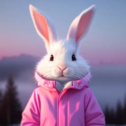 bunny in a pink winter jacket, portrait shot, hdr, volumetric fog, high contrast, high detail