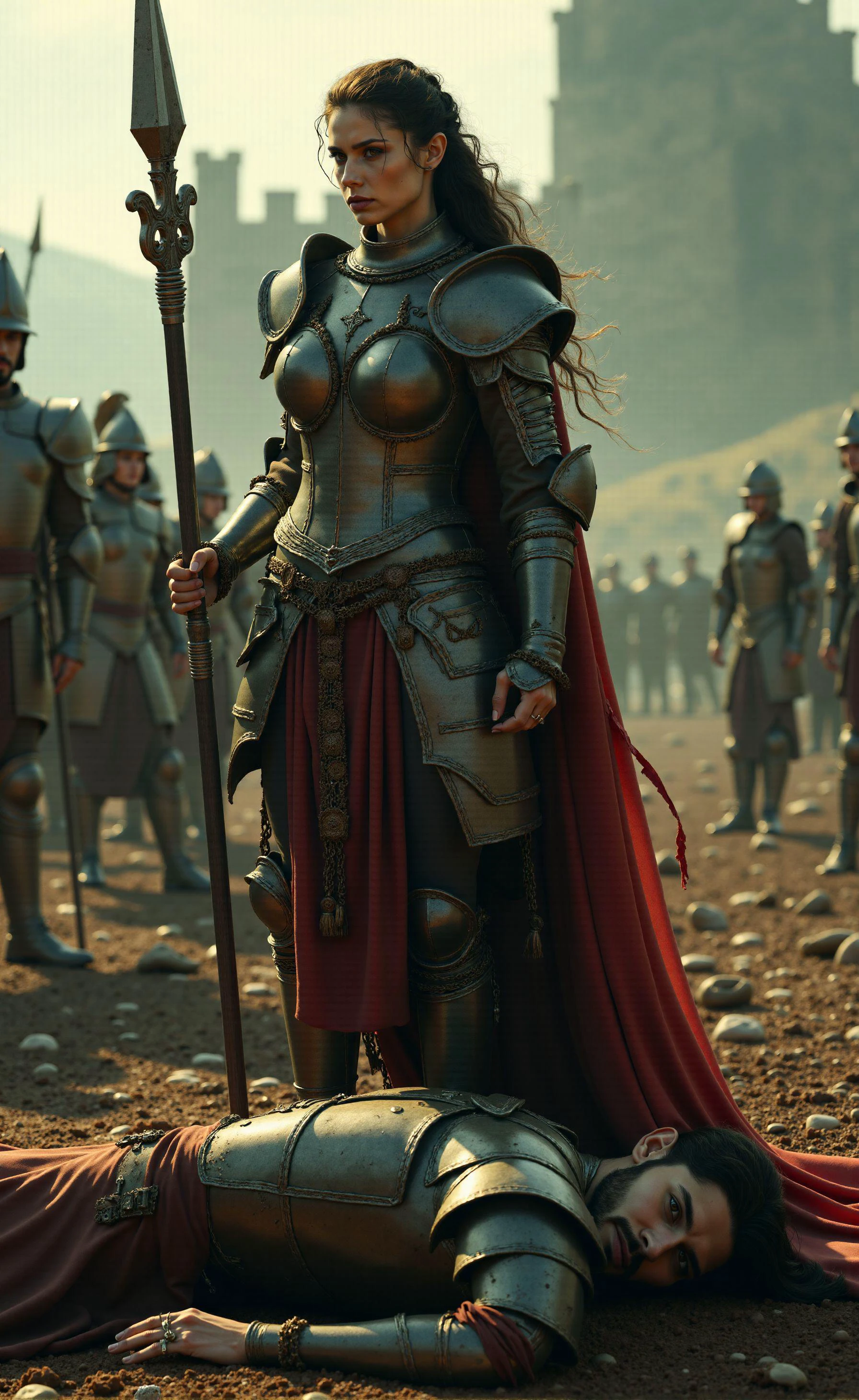 A gritty, realistic depiction of a battle-hardened warrior maiden, circa 15th century fantasy realm. Style reminiscent of practical photography from the Lord of the Rings film trilogy.
Aethera, a seasoned fighter, stands tall on the blood-soaked soil of a ravaged battlefield, her cota de malla armor battered and worn from countless battles. The once-magnificent suit now hangs in tatters around her lithe physique, revealing glimpses of her toned muscles as she leans against the shaft of her spear.
The camera captures Aethera's striking features: high cheekbones, piercing emerald eyes, and a small nose ringed with a sprinkle of freckles. Her lips are pressed into a determined line, as if daring the very spirits of the land to challenge her again.
The atmosphere is one of intense realism, with the scent of smoke and sweat hanging heavy in the air. The late afternoon sunlight casts harsh shadows across the ravaged landscape, where the discarded armor of fallen foes lies scattered about. In the distance, the silhouette of a crumbling castle fortress looms large, its towers reaching towards the heavens like shattered bone.
The defeated enemy lies motionless at her feet, his eyes frozen in a mixture of terror and awe as he beholds Aethera's unyielding ferocity. The surrounding air is charged with an electric energy, as if the very fabric of reality has been rent apart by her unbridled strength.
Style: practical, documentary-style photography with a cinematic feel. Color palette: muted earth tones to evoke a sense of grittiness and realism, punctuated by flashes of warm sunlight to highlight Aethera's resplendent beauty
<lora:DnDDarkestFantasy:0.6> dnddarkestfantasy <lora:dark_fantasy_flux:0.7> <lora:flux_realism_lora:1> <lora:FLUX_FD-Nude-Photo-V3:0.6>