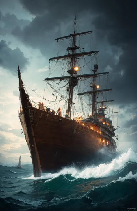 (dark shot:1.1), epic realistic, broken old boat in big storm, illustrated by herg, style of tin tin comics, pen and ink, female pilot, art by greg rutkowski and artgerm, soft cinematic light, adobe lightroom, photolab, hdr, intricate, highly detailed, (depth of field:1.4), faded, (neutral colors:1.2), (hdr:1.4), (muted colors:1.2), hyperdetailed, (artstation:1.4), cinematic, warm lights, dramatic light, (intricate details:1.1), complex background, (rutkowski:0.66), (teal and orange:0.4), (intricate details:1.12), hdr, (intricate details, hyperdetailed:1.15)