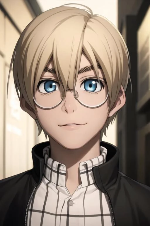 masterpiece, best quality, high quality, 1boy, solo, male focus, looking at viewer, upper body, <lora:william_macbeth:0.78>, william_macbeth, blonde hair, glasses, blue eyes, , gakuran