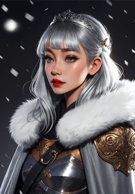 beautiful, masterpiece, best quality, hiqcgbody, anime, 1girl, sam yang, shoulderpad armor, fur lined cloak, large breasts, diadem, silver hair, middle parted bangs, portrait shot, looking at viewer, detailed rugged texture, lipstick, ultra detailed, winter, intricate details <lora:hipoly3DModelLora_v10:0.5> <lora:sam_yang_offset:0.8>