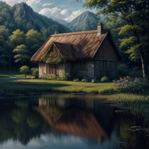 Oil painting of a cottage near a pond, spring time.