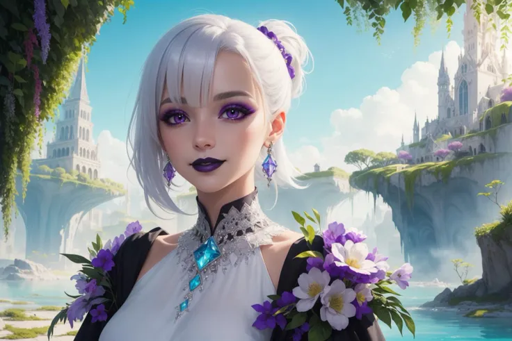 portrait of beautiful girl with purple eyes, detailed purple eyes, makeup, [black lips, black lipstick : 3], smile, [sideswept bangs :: 30], white hair, ponytail, wearing noble [purple : 3] [dress | robes], quartz square, verdant flora, otherworldly city, gigantic buildings, white architecture, crystalline water, high fantasy, extreme detail, masterpiece, vibrant colors, watercolor, uhd
