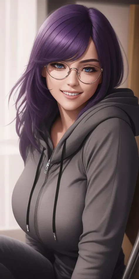 close-up portrait of Beautiful purple-haired woman sitting in a classroom, large breasts, grey_hoodie, pants, medium_hair, thighs, sexy, seductive, excited, smooth skin, romantic, curvaceous, glasses, zipper, smile, dramatic atmosphere and light piercing it, (hyper realistic, photography:1.3), cinematic scene from a movie, volumetric lights, lots of details, 4K, 8K, photorealistic, film poster