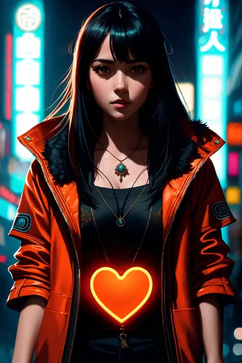 full body shot photo of the most beautiful artwork in the world featuring a modern female girl, sexy, big eyes, urban tokyo futuristic look, neon lights, night, slow motion, reflections, orange raincoat, intricate detail, nostalgia, heart professional majestic oil painting by Ed Blinkey, Atey Ghailan, Studio Ghibli, by Jeremy Mann, Greg Manchess, Antonio Moro, trending on ArtStation, trending on CGSociety, Intricate, High Detail, Sharp focus, dramatic, photorealistic painting art by midjourney and greg rutkowski