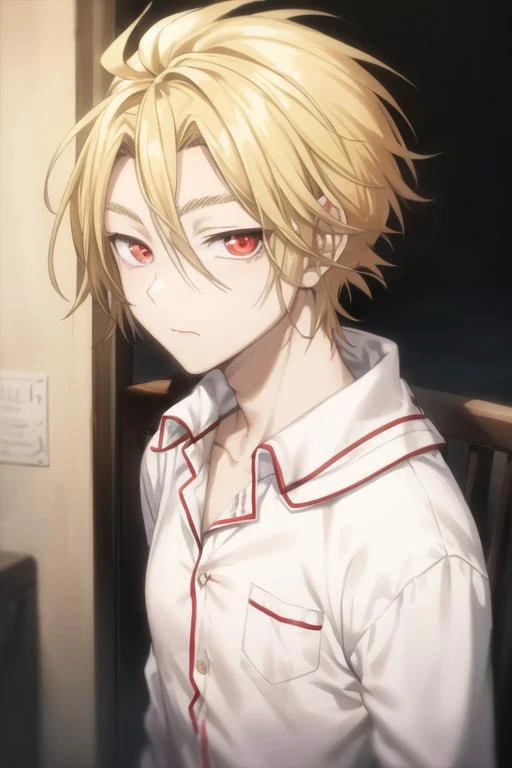 masterpiece, best quality, high quality, 1boy, solo, male focus, looking at viewer, upper body, <lora:king_of_despair:0.72>, king_of_despair, red eyes, blonde hair, hair between eyes, , pajamas