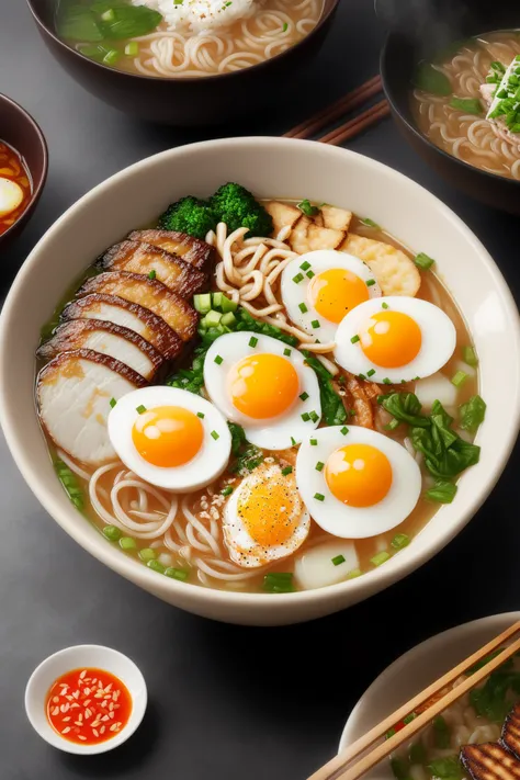ultra detailed 8k cg, japanese ramen, chopsticks, egg, steam,