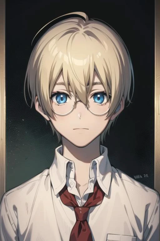 masterpiece, best quality, high quality, 1boy, solo, male focus, looking at viewer, upper body, <lora:william_macbeth:0.54>, william_macbeth, blonde hair, glasses, blue eyes, , school uniform