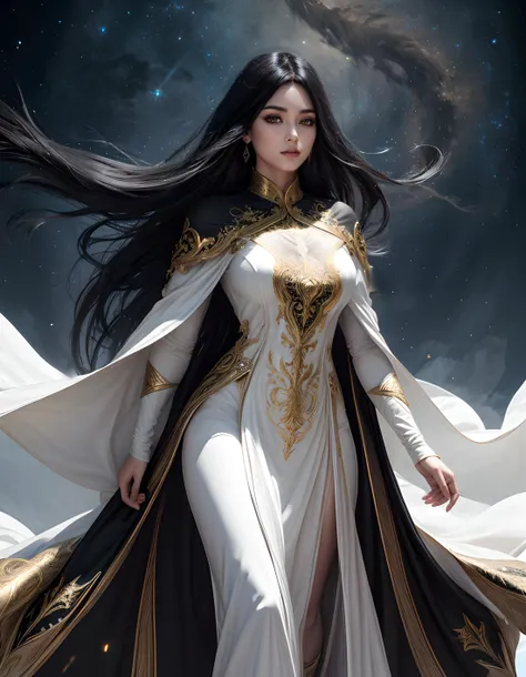 ultra detailed beautiful female goddes with black and gold mantle (white dress), (gold eyes), long black hair in wind, full-body, celestial, extremely beautiful, elegant, ultra realistic, high detailed, white mana energy background, blessed, realistic, photorealistic, fantasy, proud, fantasy, octane render, energy,  epic atmosphere