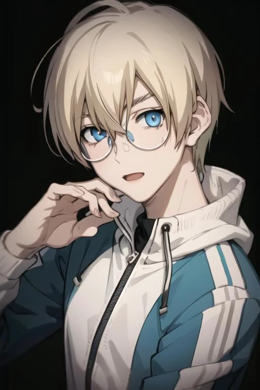 masterpiece, best quality, high quality, 1boy, solo, male focus, looking at viewer, upper body, <lora:william_macbeth:0.74>, william_macbeth, blonde hair, glasses, blue eyes, , track suit