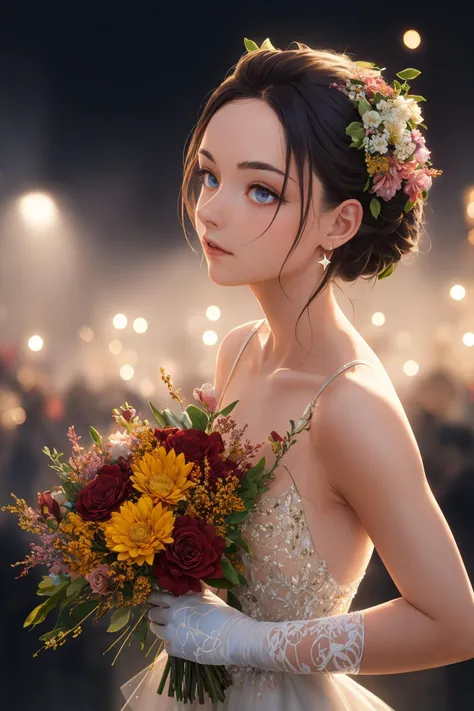 (masterpiece, best quality, ultra-detailed, best shadow), (detailed background), (beautiful detailed face), high contrast, (best illumination, an extremely delicate and beautiful), ((cinematic light)), colorful, hyper detail, dramatic light, intricate details, depth of field, black light particles, BREAK
Photograph captures a girl gracefully poised as the star ballet dancer, holding a bouquet of flowers in one hand. The dimly lit stage emphasizes her spotlight, while the scenic backdrop adds depth and context to her performance., BREAK