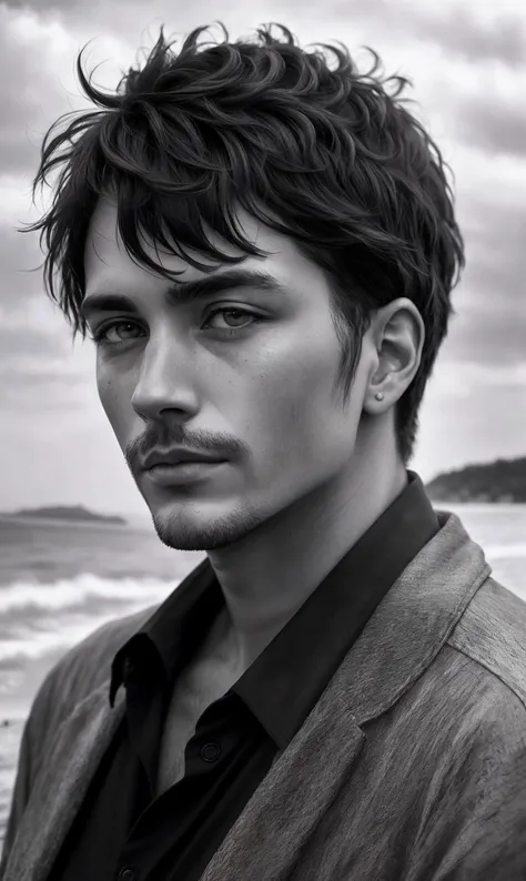 b&w photo of 42 y.o man in black clothes, face, half body, body, high detailed skin, (skin pores: 1.2), coastline, overcast weather, wind, waves, 8k uhd, dslr, soft lighting, high quality, film grain, Fujifilm XT3, handsome, (dark shot:1.17), epic realistic, cinematic, (natural skin texture, hyperrealism, soft light, sharp:1.2)