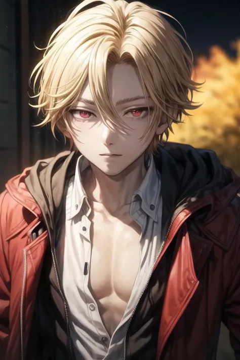 masterpiece, best quality, high quality, 1boy, solo, male focus, looking at viewer, upper body, <lora:king_of_despair:0.54>, king_of_despair, red eyes, blonde hair, hair between eyes, , jacket