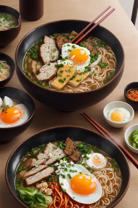 ultra detailed 8k cg, japanese ramen, chopsticks, egg, steam,