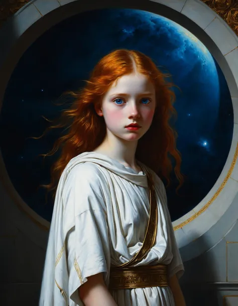 Minimalist painting of an albino teen girl in a white and gold Antient Greek toga by Albert Lynch, Abbott Handerson Thayer, highly detail, best quality, sci-fi, standing at the center of a black hole, innocent, serene, white skin, pale skin, blue eyes, long flowing red hair, ultra detailed, romantic, Rembrandt lighting