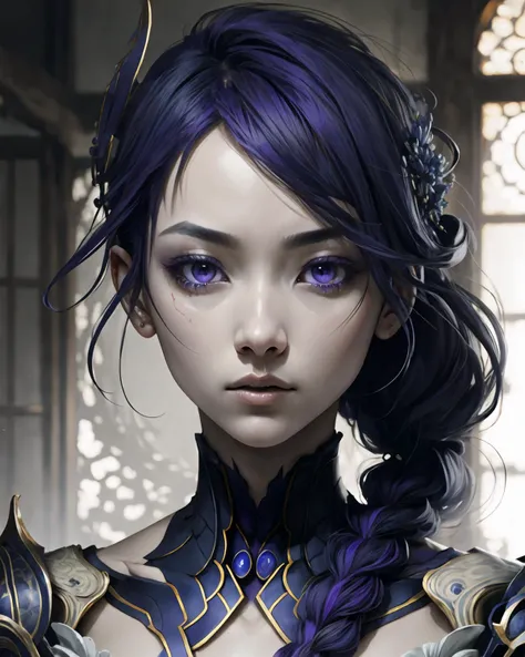 1girl, solo, masterpiece, face focus, <lora:fantasticDragon_v10:0.3>, <lora:MECHA:0.3>, <lora:mooncryptowows_v10:0.3>, <lora:WaifuSouls:0.3>, <lora:诡异服装:0.3>, long braided ponytail, purple eyes, purple hair, raiden shogun, <lora:raidenShogunLora_raidenShogun:0.9>