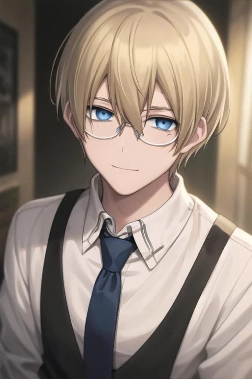 masterpiece, best quality, high quality, 1boy, solo, male focus, looking at viewer, upper body, <lora:william_macbeth:0.74>, william_macbeth, blonde hair, glasses, blue eyes, , formal, necktie, dress shirt