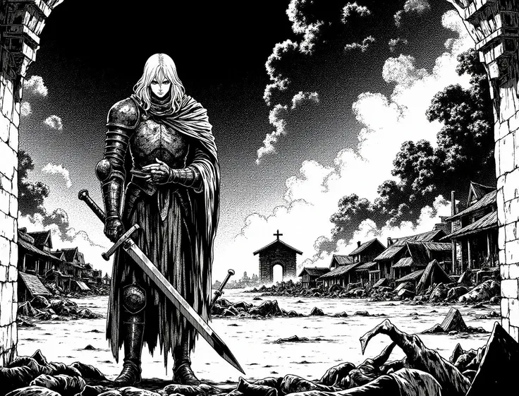 black-and-white manga style, draw a knight standing at the entrance of a village, conveying a deep sense of despair. The knight should be depicted in battered armor, gripping his sword tightly at his side, with the blade showing signs of battle. His expression must reflect sorrow and regret, as if he feels the weight of his failure to protect the village.
In the background, illustrate the village engulfed in flames, with dark smoke billowing into the sky. The ground should be scattered with bodies, emphasizing the devastation of the scene. Capture the stark contrast between the knightâs solemn presence and the chaotic destruction around him. The overall composition should evoke a somber atmosphere, highlighting the knight's turmoil as he stands alone, facing the aftermath of the attack. <lora:Omaro_style-000001:1.0> <lora:NeonFantasyFLUX:0.4> <lora:RetroAnimeFluxV1:0.6> ne0nfant4sy