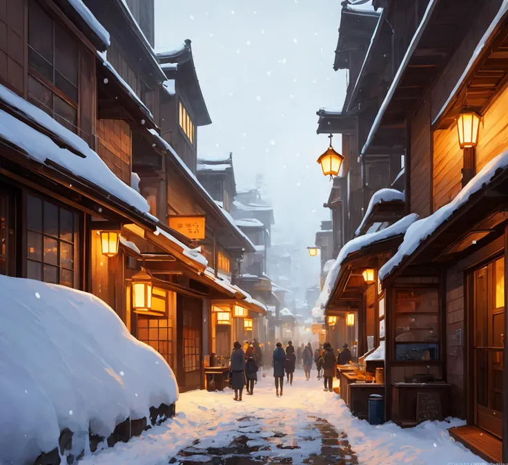 (extremely detailed CG unity 8k wallpaper), full shot photo of the most beautiful artwork of a japanese ramen shop, snow falling, food porn, steamy, nostalgia, professional majestic oil painting by Ed Blinkey, Atey Ghailan, Studio Ghibli, by Jeremy Mann, Greg Manchess, Antonio Moro, trending on ArtStation, trending on CGSociety, Intricate, High Detail, Sharp focus, dramatic, photorealistic painting art by midjourney and greg rutkowski