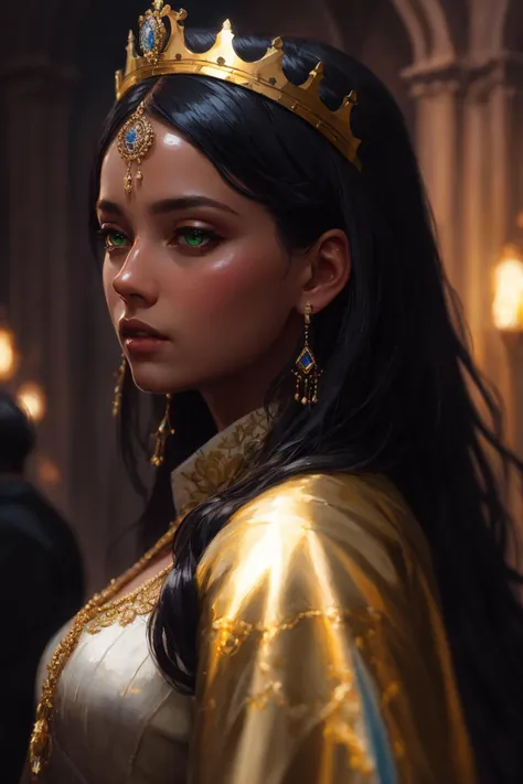 modelshoot style, (extremely detailed CG unity 8k wallpaper), full shot body photo of the most beautiful artwork in the world, medieval queen, green vale, dark skin, black woman, golden crown, diamonds, medieval architecture, professional majestic oil painting by Ed Blinkey, Atey Ghailan, Studio Ghibli, by Jeremy Mann, Greg Manchess, Antonio Moro, trending on ArtStation, trending on CGSociety, Intricate, High Detail, Sharp focus, dramatic, photorealistic painting art by midjourney and greg rutkowski