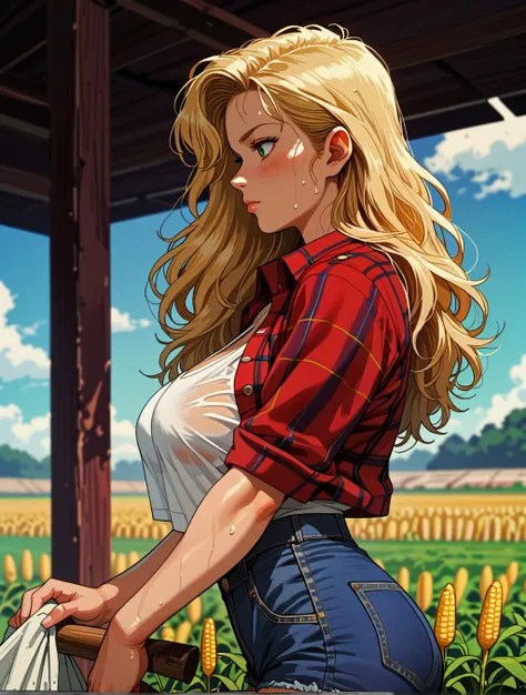 source_anime, score_9, score_8_up, score_7_up, masterpiece, from side, 1girl, solo, toned, large breasts, curvy, blonde hair, green eyes, red flannel shirt, open clothes, white tank top, denim shorts, sweaty, sweaty clothes, planted shovel, (wiping sweat:1.2), corn field,
knva, halftone effect, retro artstyle,
<lora:incase---1:0.7>, <lora:Kenva:0.8>,
