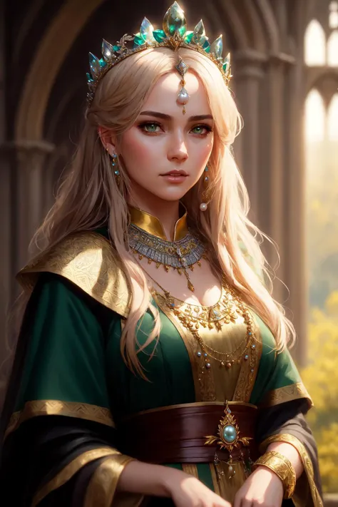 modelshoot style, (extremely detailed CG unity 8k wallpaper), full shot body photo of the most beautiful artwork in the world, english medieval witch, green vale, pearl skin,golden crown, diamonds, medieval architecture, professional majestic oil painting by Ed Blinkey, Atey Ghailan, Studio Ghibli, by Jeremy Mann, Greg Manchess, Antonio Moro, trending on ArtStation, trending on CGSociety, Intricate, High Detail, Sharp focus, dramatic, photorealistic painting art by midjourney and greg rutkowski
