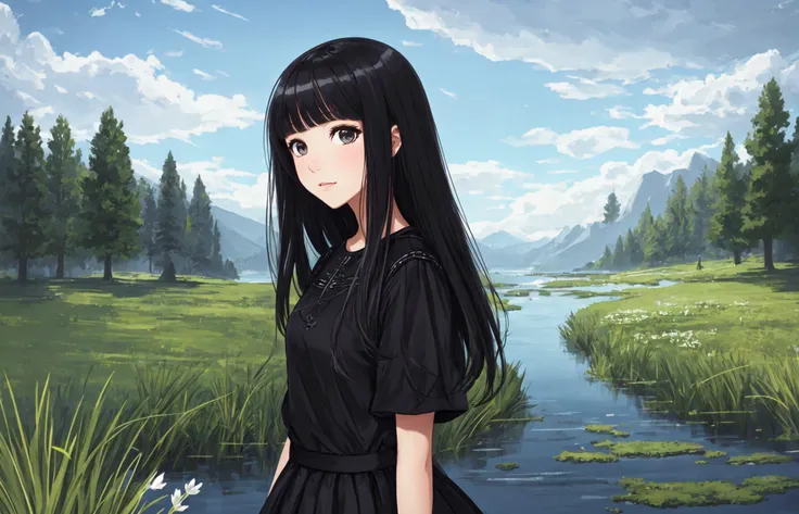 mksks style, (very detailed background:1.0), (highly detailed background:1.0), 1girl, full_body, looking_at_viewer, black_hair, black_skirt, masterpiece, best quality, (1girl, solo, girl:1.2), lake, grass, walking on water, stone ruins, chromatic aberration, depth of field, soft lighting