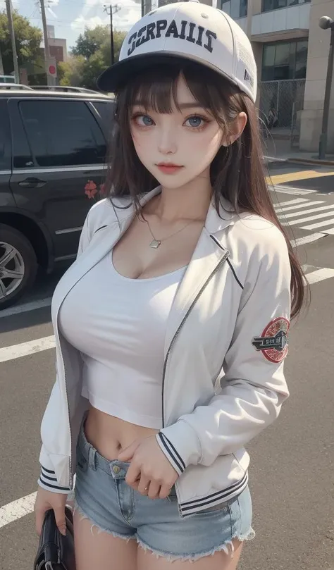 (Best Quality:1.2),1girl,Solo, (Big Eyes, beautiful detailed eyes, symmetric eyes,),<lora:misakinakamura:0.3>, White Top,Navel,Sport Jacket,Shorts,Cleavage.BaseBall Cap,Streets