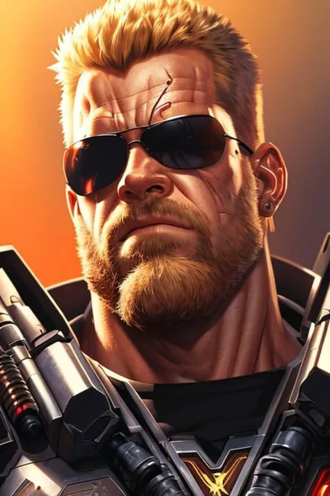 Portrait of Duke Nukem as terminator, short beard, at distance, (realistic:0.7), (shiny:0.6), dynamic pose, dim colors, tehniclors, (complex background, stuff in the background:1.1), Art by Joe Madureira, (natural skin texture, hyperrealism, soft light, sharp:1.2)