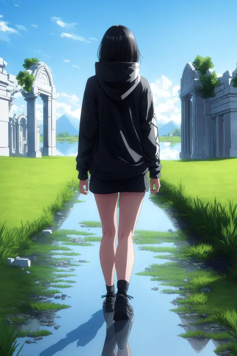 mksks style, (very detailed background:1.0), (highly detailed background:1.0), 1girl, full_body, looking_at_viewer, hoodie, partially_unzipped, masterpiece, best quality, (1girl, solo, girl:1.2), lake, grass, walking on water, stone ruins, chromatic aberration, depth of field, soft lighting