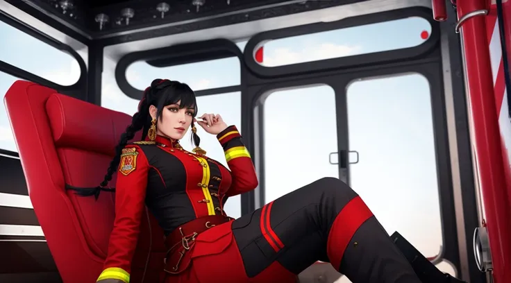 tiktok girl, (from_below:1.31) (sitting:1.2) black-hair , long_braid , victorian-era , red (firefighter) uniform , in a space ship , jewelry, (full_body:1.4), (realistic:1.4), masterpiece, high quality, realistic lighting, center of frame, 8k, hdr, amateur, (freckles:0.6)