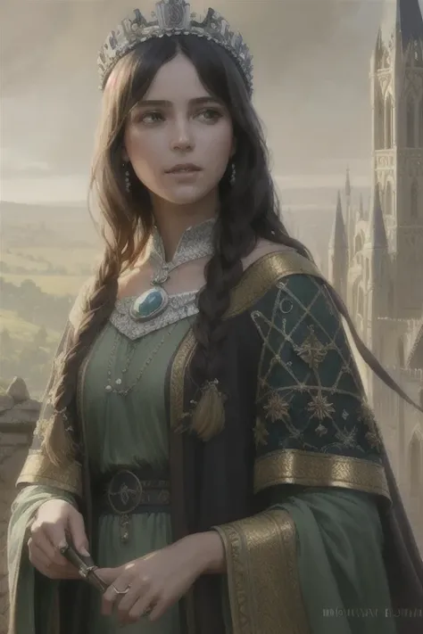 modelshoot style, (extremely detailed CG unity 8k wallpaper), full shot body photo of the most beautiful artwork in the world, english medieval witch, green vale, pearl skin,golden crown, diamonds, medieval architecture, professional majestic oil painting by Ed Blinkey, Atey Ghailan, Studio Ghibli, by Jeremy Mann, Greg Manchess, Antonio Moro, trending on ArtStation, trending on CGSociety, Intricate, High Detail, Sharp focus, dramatic, photorealistic painting art by midjourney and greg rutkowski