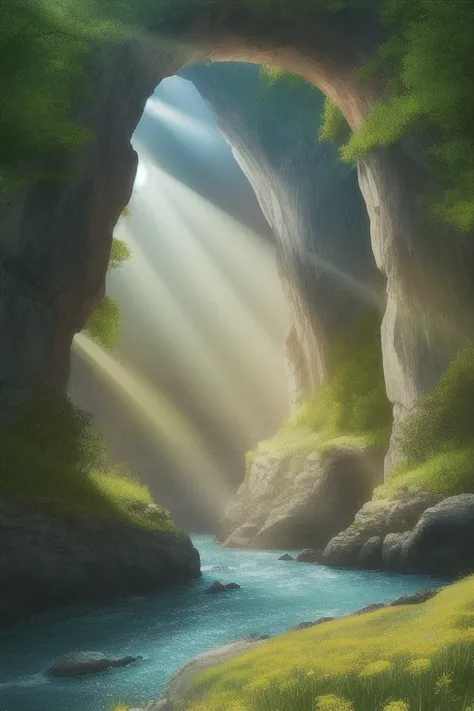 a majestic arch rocks formations with a river and dandelions, rich vegetation, sun rays, global illumination, mystical atmosphere, 8k, hyper details, rich colors, photograph