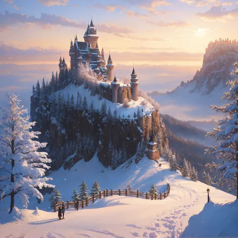(extremely detailed CG unity 8k wallpaper), full shot photo of the most beautiful artwork of a medieval castle, snow falling, nostalgia, professional majestic oil painting by Ed Blinkey, Atey Ghailan, Studio Ghibli, by Jeremy Mann, Greg Manchess, Antonio Moro, trending on ArtStation, trending on CGSociety, Intricate, High Detail, Sharp focus, dramatic, photorealistic painting art by midjourney and greg rutkowski