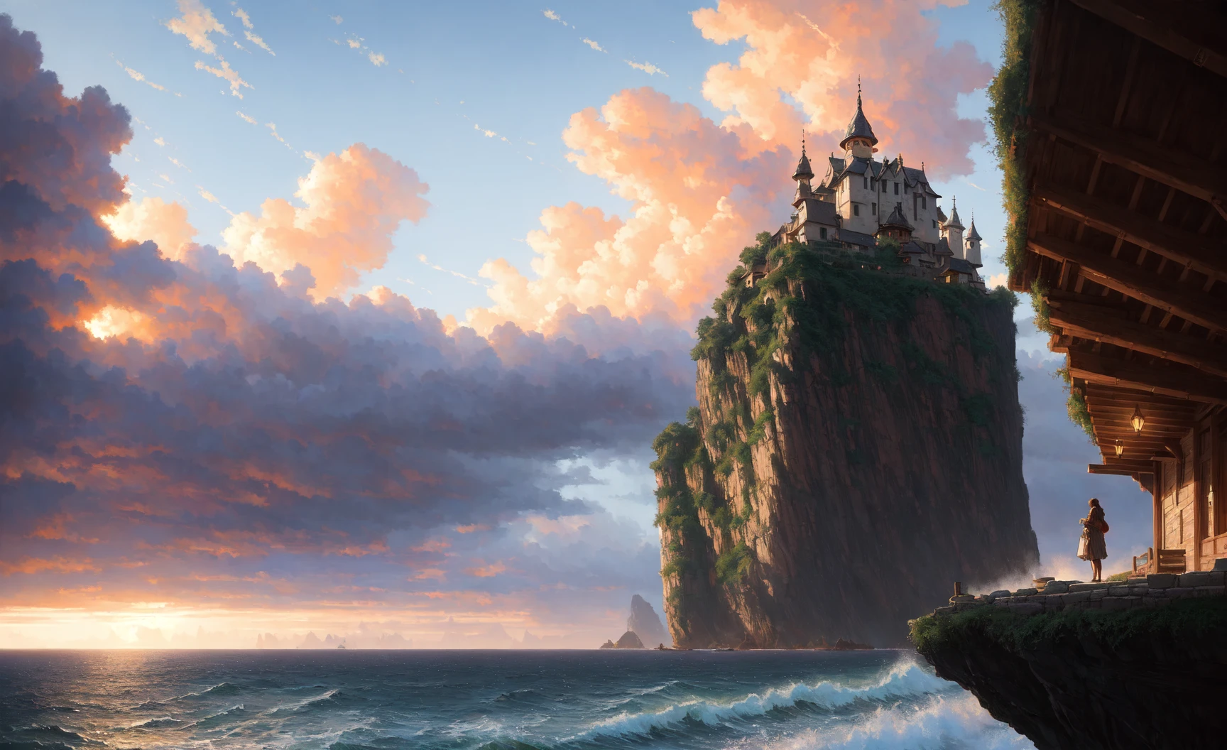 (extremely detailed CG unity 8k wallpaper), full shot photo of the most beautiful artwork of a medieval village by the ocean, cloudy at sunset, nostalgia, professional majestic oil painting by Ed Blinkey, Atey Ghailan, Studio Ghibli, by Jeremy Mann, Greg Manchess, Antonio Moro, trending on ArtStation, trending on CGSociety, Intricate, High Detail, Sharp focus, dramatic, photorealistic painting art by midjourney and greg rutkowski