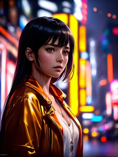 full body shot photo of the most beautiful artwork in the world featuring a modern female girl, sexy, big eyes, urban tokyo futuristic look, neon lights, night, slow motion, reflections, orange raincoat, intricate detail, nostalgia, heart professional majestic oil painting by Ed Blinkey, Atey Ghailan, Studio Ghibli, by Jeremy Mann, Greg Manchess, Antonio Moro, trending on ArtStation, trending on CGSociety, Intricate, High Detail, Sharp focus, dramatic, photorealistic painting art by midjourney and greg rutkowski