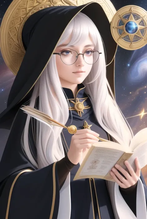 modelshoot style, (extremely detailed CG unity 8k wallpaper), full shot body photo of the most beautiful artwork in the world, portrait of a teenage witch, long cape, witch hat, long white hair, round glasses, detailed medieval potions classroom, fullbody, ((astrologian)), tarot card, ((casting a spell))