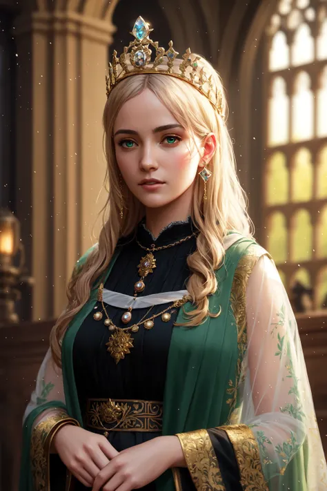 modelshoot style, (extremely detailed CG unity 8k wallpaper), full shot body photo of the most beautiful artwork in the world, english medieval witch, green vale, pearl skin,golden crown, diamonds, medieval architecture, professional majestic oil painting by Ed Blinkey, Atey Ghailan, Studio Ghibli, by Jeremy Mann, Greg Manchess, Antonio Moro, trending on ArtStation, trending on CGSociety, Intricate, High Detail, Sharp focus, dramatic, photorealistic painting art by midjourney and greg rutkowski