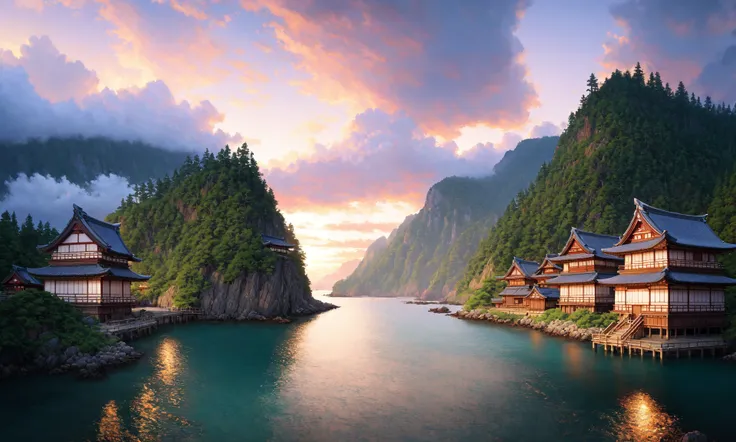 (extremely detailed CG unity 8k wallpaper), full shot photo of the most beautiful artwork of a japanese village by the ocean, slightly cloudy at sunset, nostalgia, professional majestic oil painting by Ed Blinkey, Atey Ghailan, Studio Ghibli, by Jeremy Mann, Greg Manchess, Antonio Moro, trending on ArtStation, trending on CGSociety, Intricate, High Detail, Sharp focus, dramatic, photorealistic painting art by midjourney and greg rutkowski