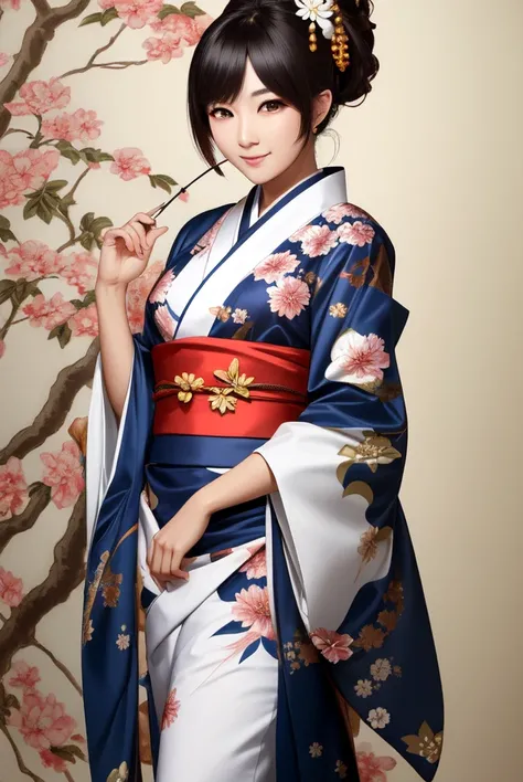 a masterpiece portrait of smiling Saya Otonashi, kimono with koi karp print, modelshoot style, (extremely detailed CG unity 8k wallpaper), full shot body photo of the best artwork in the world, trending on ArtStation, trending on CGSociety, Intricate