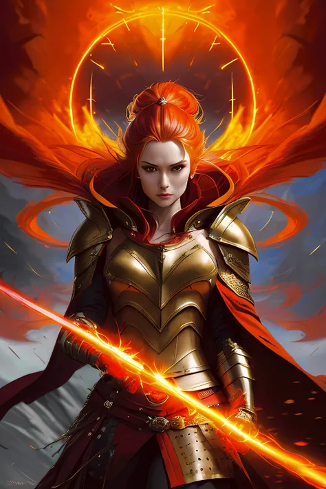 modelshoot style, woman wearing full armor, shoulder pads, red cloak, golden hair, viking, stylized beauty, lighting, by leonid afremov and michael whelan, angry, trending on artstation, turbulent clouds, glacier, studio ghibli, glowing magic runes, sparks, red-orange smoke, crystals, ((blue glow)), flames, ((Style-Psycho))
