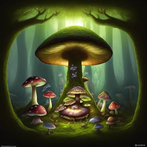 The illustration depicts a deep night in a fantasy-like forest. The focal point of the image is three enormous mushrooms of varied height, taking up at least half of the image. The smallest mushroom is in the middle of the image and there is a forest snail, without its shell, climbing it, looking at a little fairy sitting on the largest mushroom. The fairy sits on the edge of the mushroom observing the eerie bright light that illuminates the glade. The scene gives off a feeling of magic and enchantment, with the dark forest and giant mushrooms adding to the mysterious and dreamlike atmosphere. The fairy and forest snail add a touch of whimsy to the image. The bright light gives off an otherworldly glow, making the image feel ethereal and surreal. The illustration style is slightly reminiscent of the illustrations of Arthur Rackham and the animation style of Studio Ghibli. It is captivating, enchanted, mystical, mysterious, magical, fairytale, whimsical and fantastical, that it is hard not to get lost in the scene.